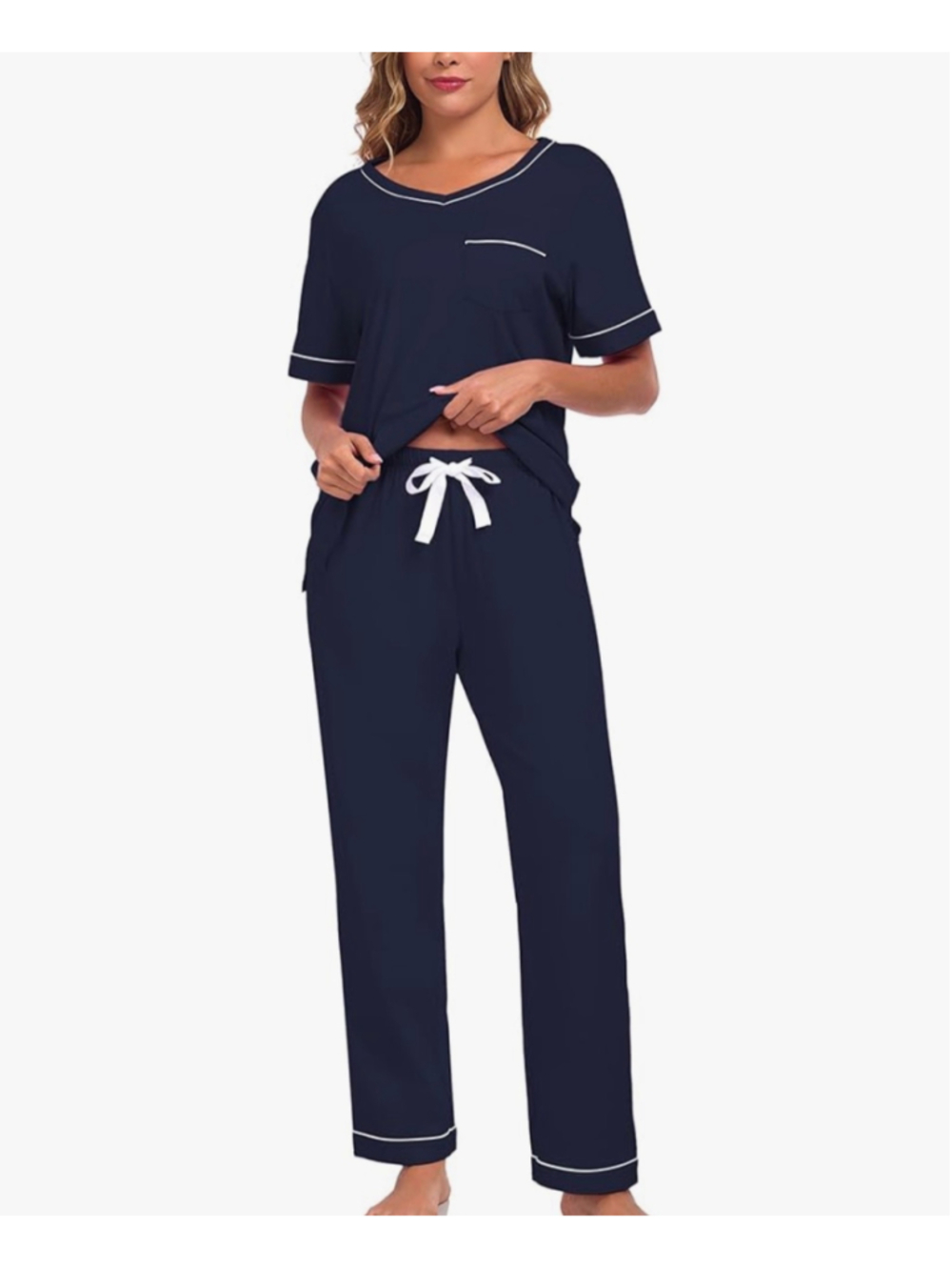 NEW 100% Natural Cotton Pajamas Set V Neck Loungewear Pockets Pants L